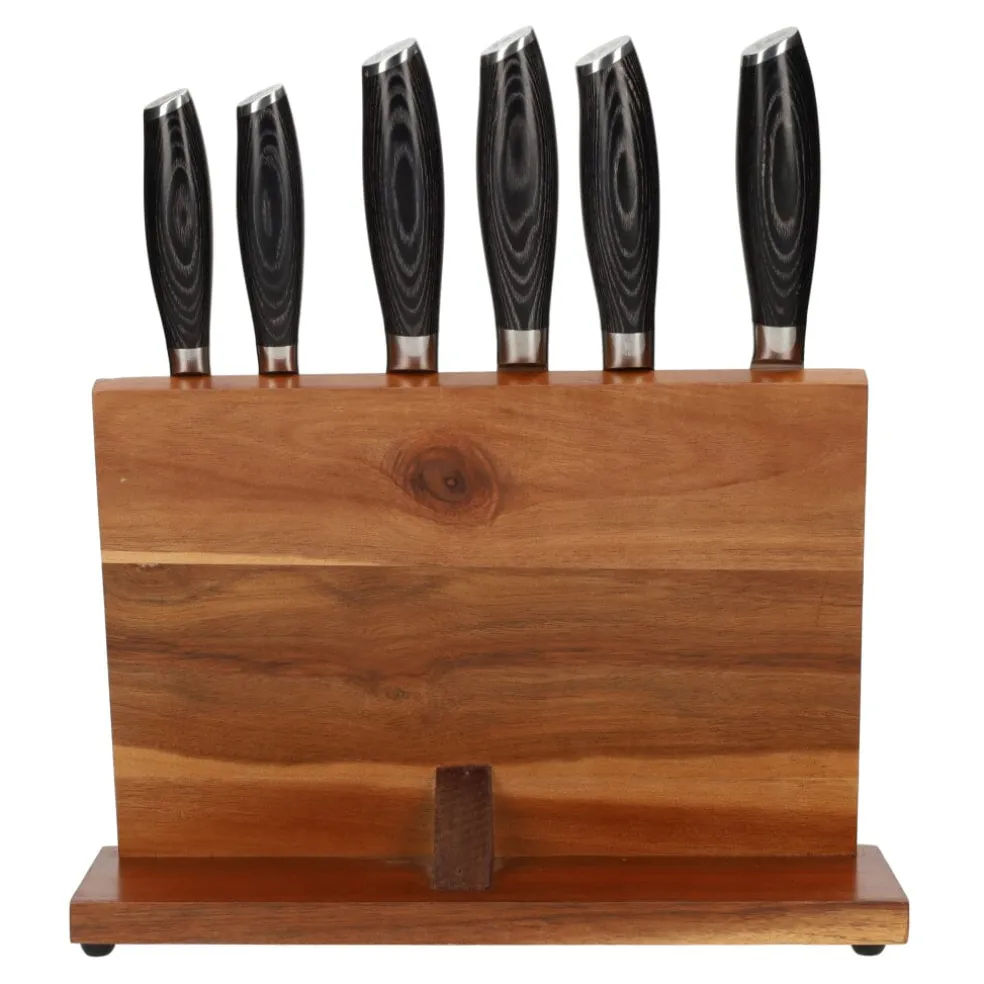 Damast Pakka Wood 6-Delige Messenset + Magnetisch Messenblok Enkelzijdig