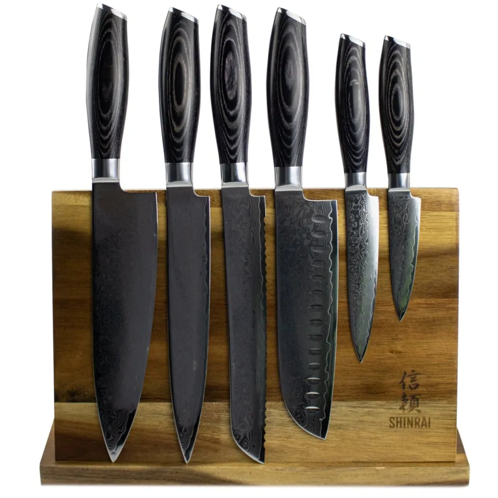 Damast Pakka Wood 6-Delige Messenset + Magnetisch Messenblok Enkelzijdig