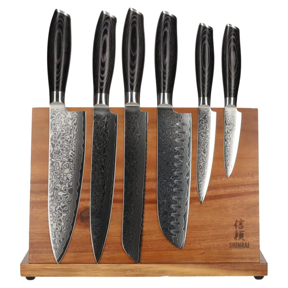 Damast Pakka Wood 6-Delige Messenset + Magnetisch Messenblok Enkelzijdig