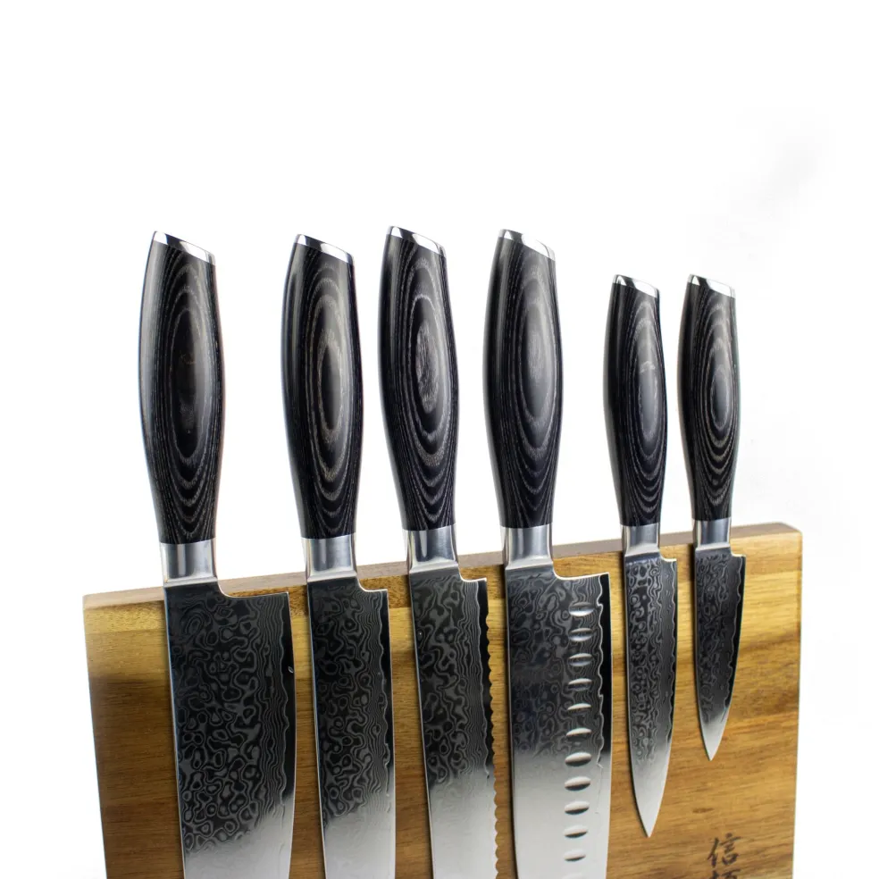 Damast Pakka Wood 6-Delige Messenset + Magnetisch Messenblok Enkelzijdig