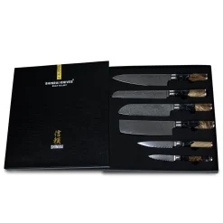 Epoxy Onyx 6-delige Damascus Messenset + Magnetisch Messenblok Enkelzijdig