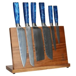 Epoxy Sapphire Damascus Print 6-Delige Messenset + Acacia houder enkelzijdig