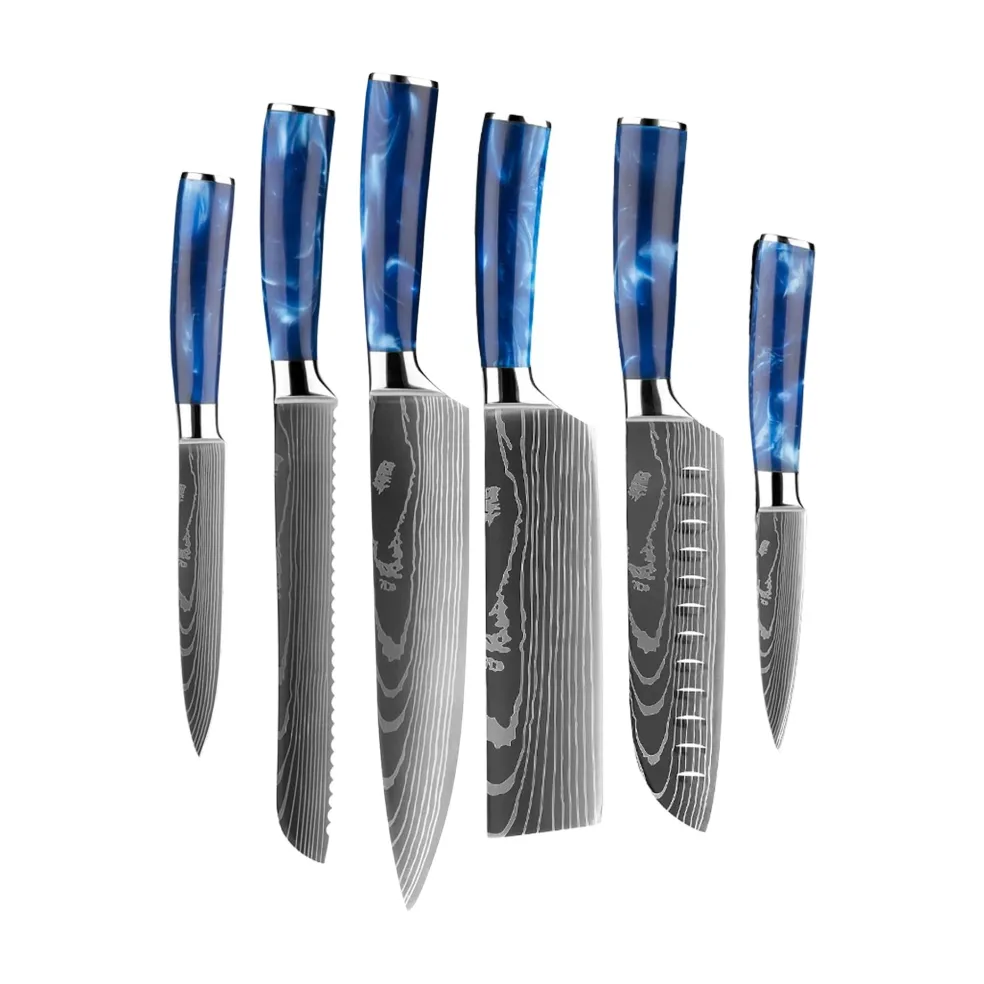 Epoxy Sapphire Damascus Print 6-Delige Messenset + Acacia houder enkelzijdig