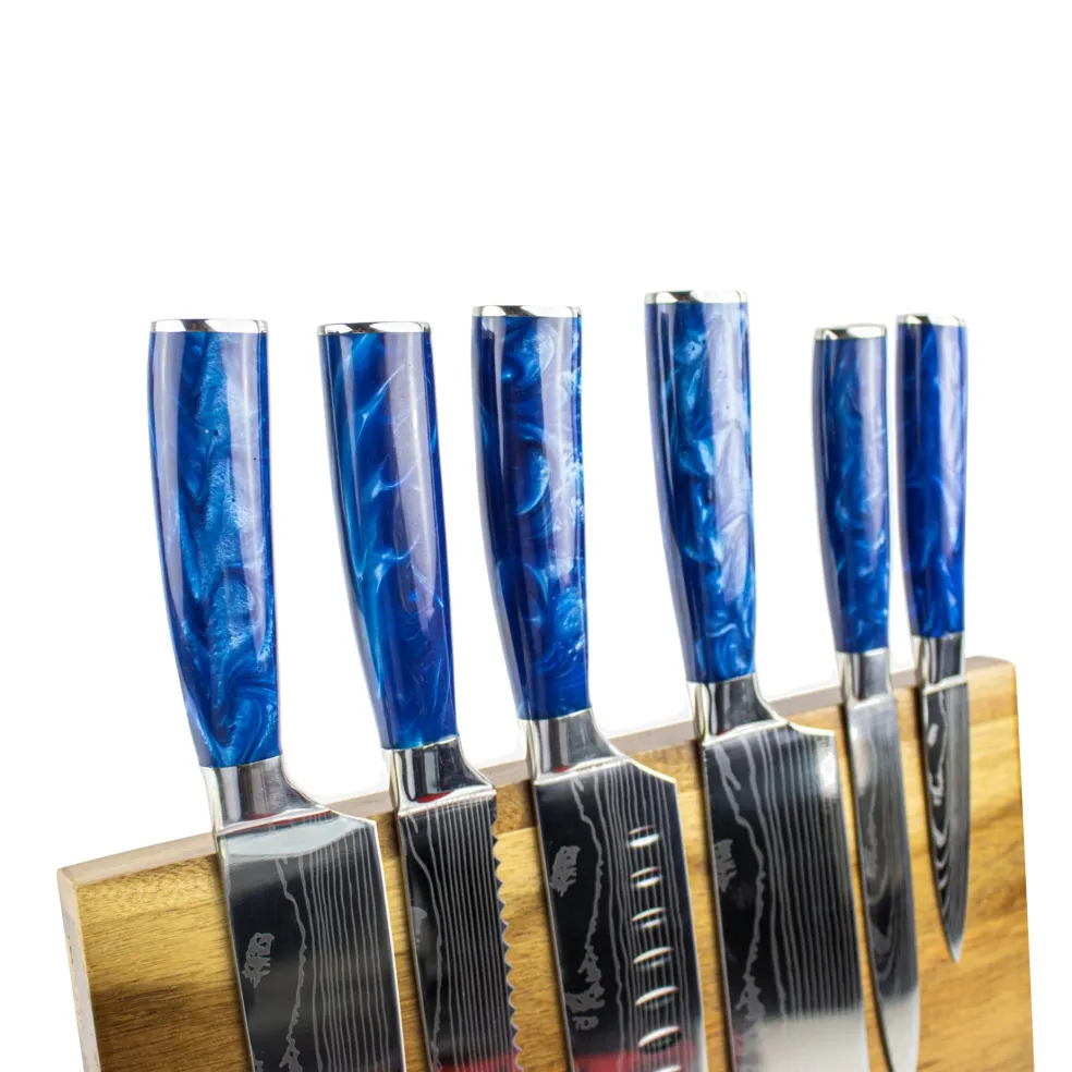 Epoxy Sapphire Damascus Print 6-Delige Messenset + Acacia houder enkelzijdig