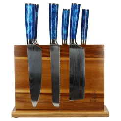 Epoxy Sapphire Damascus Print 6-delige Messenset + Acacia houder dubbelzijdig