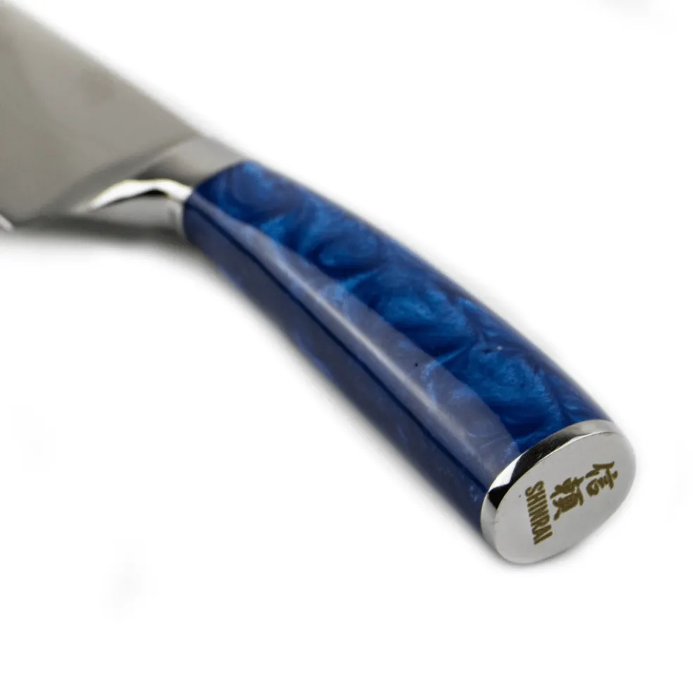 Epoxy Sapphire Damascus Print 6-delige Messenset + Acacia houder dubbelzijdig