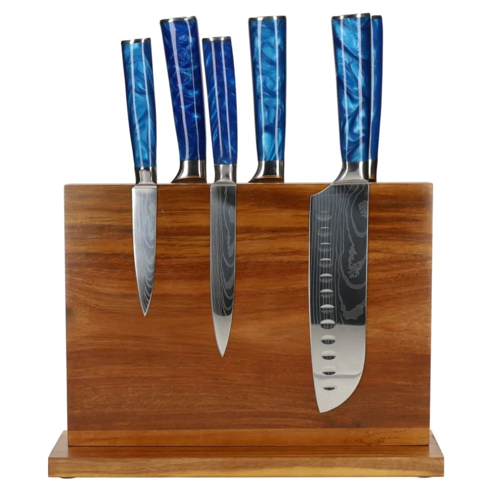 Epoxy Sapphire Damascus Print 6-delige Messenset + Acacia houder dubbelzijdig