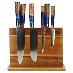 Epoxy Sapphire 6-delige Damascus Messenset + Magnetisch Messenblok