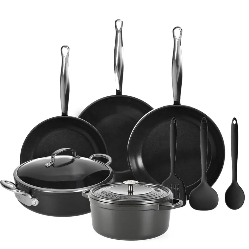 GreenPan - Barcelona Pro All You Need 9-delige Pannenset 20/24/24/28/22 cm - 2 koekenpannen + stoofpan met deksel + wokpan + braadpan + 3-delige spatelset