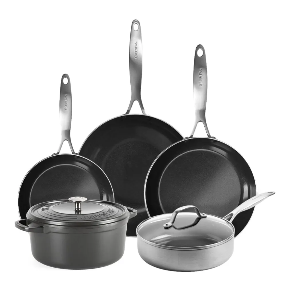 GreenPan - Geneva XL 6-delige Pannenset 18/24/24/28/28 cm - 2 koekenpannen + stoofpan met deksel + wokpan + braadpan