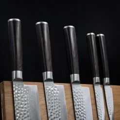 Hammered Damast BR 5-Delige Messenset + Magnetisch Messenblok Dubbelzijdig