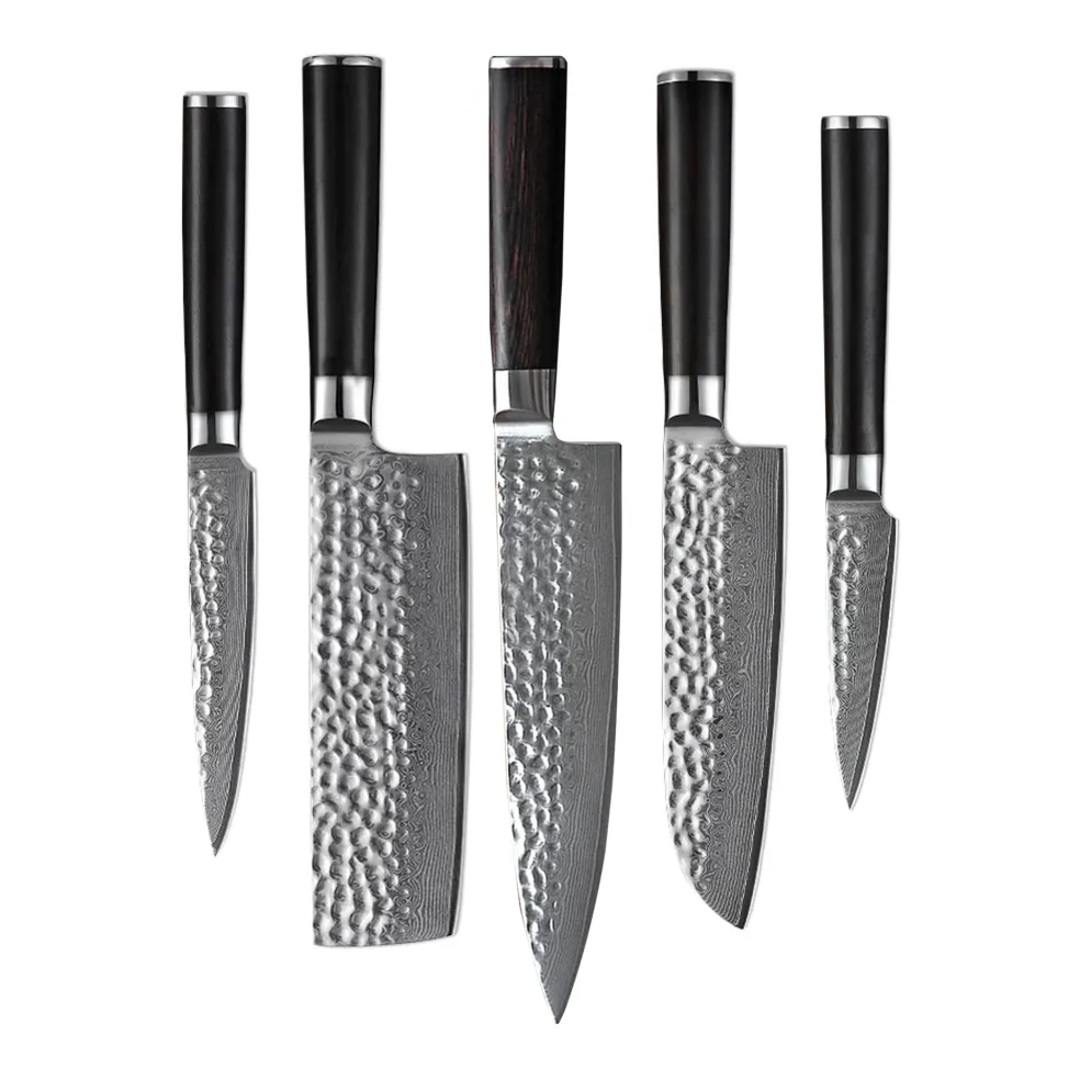 Hammered Damast BR 5-Delige Messenset + Magnetisch Messenblok Dubbelzijdig
