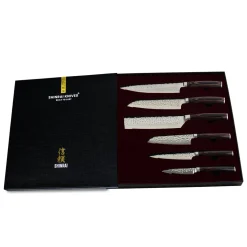 Hammered RVS 6-delige Messenset + Acacia houder enkelzijdig