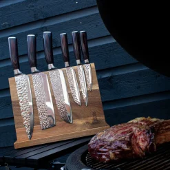 Hammered RVS 6-delige Messenset + Acacia houder enkelzijdig