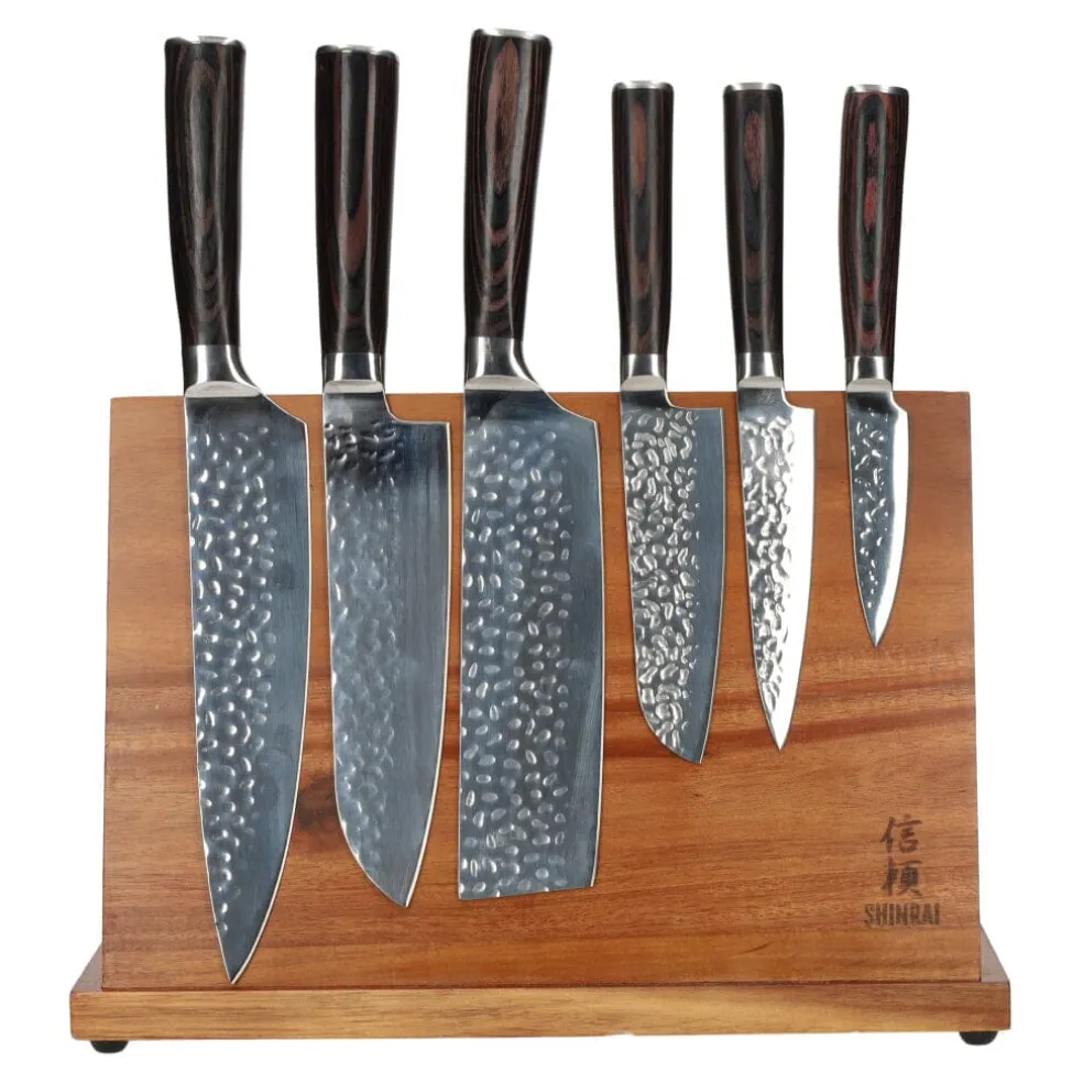 Hammered RVS 6-delige Messenset + Acacia houder enkelzijdig