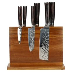 Hammered RVS 6-delige Messenset + Acacia houder dubbelzijdig