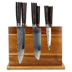 Hammered RVS 6-delige Messenset + Acacia houder dubbelzijdig