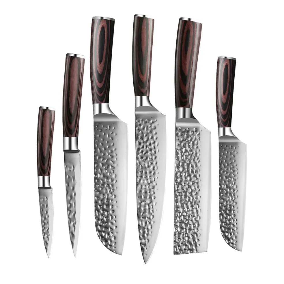 Hammered RVS 6-delige Messenset + Acacia houder dubbelzijdig