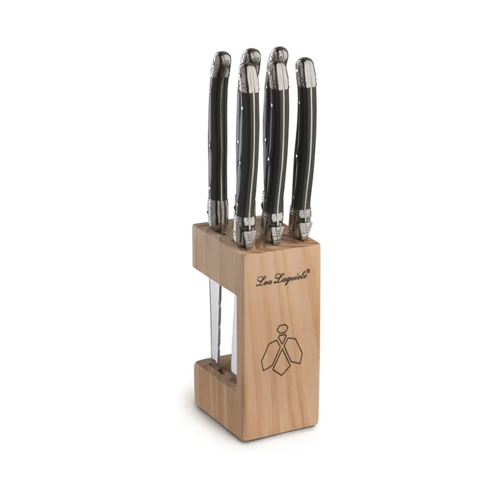 Lou Laguiole - Tradition 6 Steakmessen + Messenblok - Antraciet