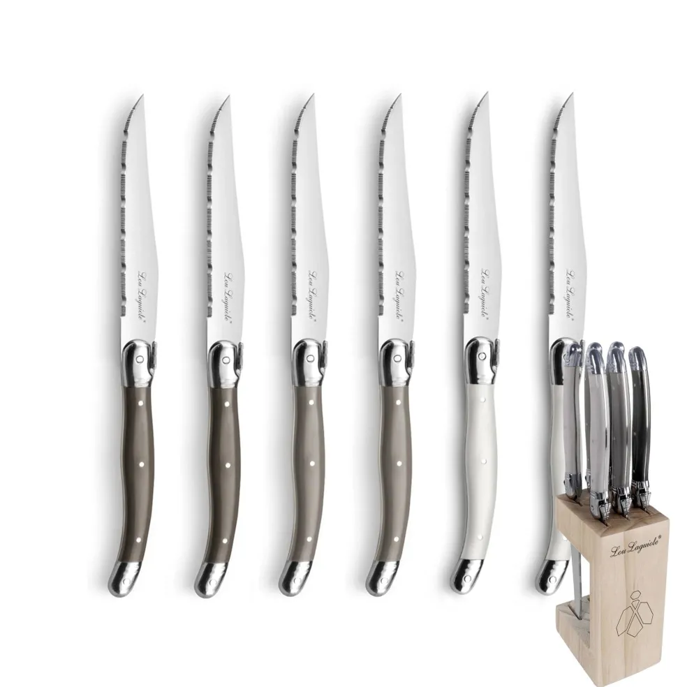 Lou Laguiole - Tradition 6 Steakmessen + Messenblok - Peper/Parel/Taupe