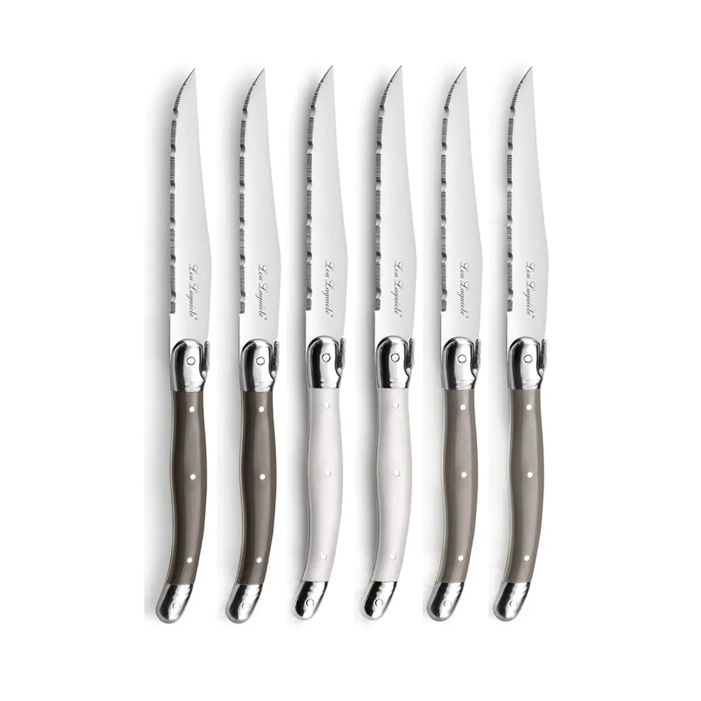 Lou Laguiole - Tradition 6 Steakmessen + Messenblok - Peper/Parel/Taupe