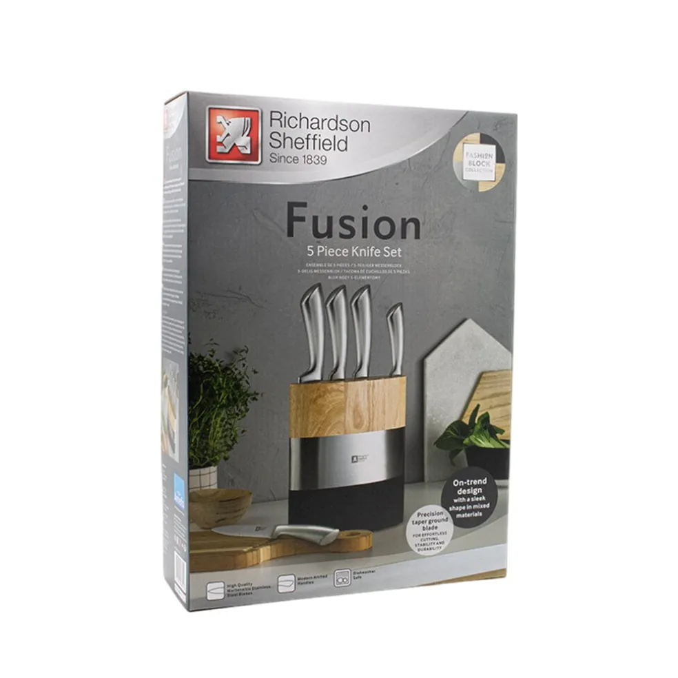 Richardson Sheffield - Fusion 5-delige Messenset met Messenblok - Naturel Hout & Zwart