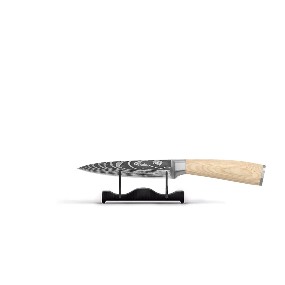 Shinrai Knives - Akari Damascus Print 6-delige Messenset + Messenmagneet Muurstrip - Acaciahout