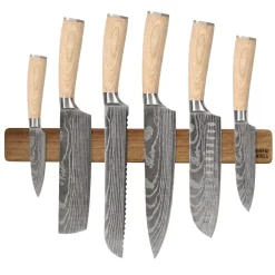 Shinrai Knives - Akari Damascus Print 6-delige Messenset + Messenmagneet Muurstrip - Acaciahout