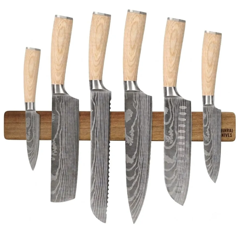 Shinrai Knives - Akari Damascus Print 6-delige Messenset + Messenmagneet Muurstrip - Acaciahout