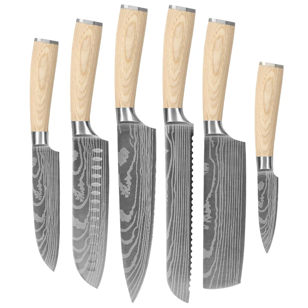 Shinrai Knives - Akari Damascus Print 6-delige Messenset + Messenmagneet Muurstrip - Acaciahout