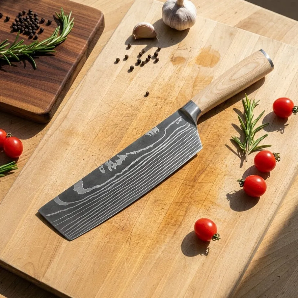 Shinrai Knives - Akari Damascus Print 6-delige Messenset + Messenmagneet Muurstrip - Acaciahout