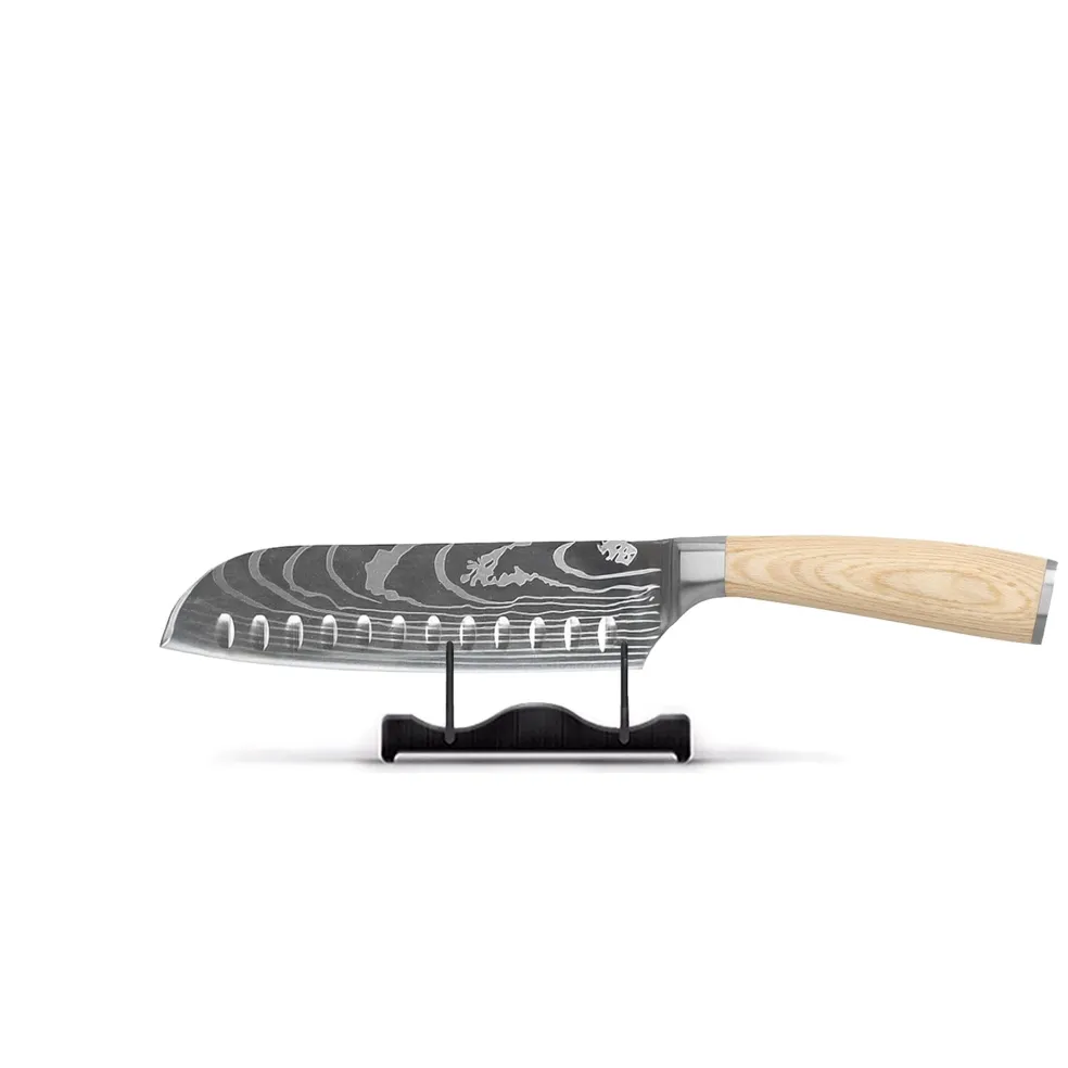 Shinrai Knives - Akari Damascus Print 6-delige Messenset + Messenmagneet Muurstrip - Acaciahout