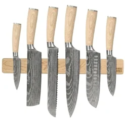 Shinrai Knives - Akari Damascus Print 6-delige Messenset + Messenmagneet Muurstrip - Esdoornhout