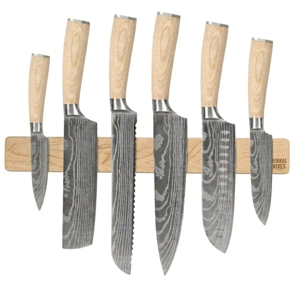 Shinrai Knives - Akari Damascus Print 6-delige Messenset + Messenmagneet Muurstrip - Esdoornhout