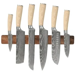 Shinrai Knives - Akari Damascus Print 6-delige Messenset + Messenmagneet Muurstrip - Walnotenhout