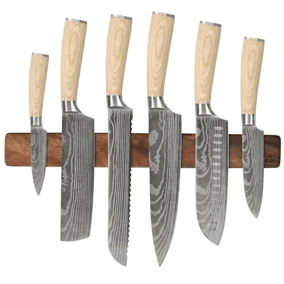 Shinrai Knives - Akari Damascus Print 6-delige Messenset + Messenmagneet Muurstrip - Walnotenhout