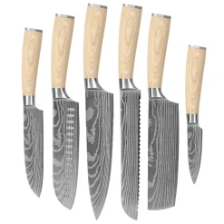 Shinrai Knives - Akari Damascus Print 6-delige Messenset + Magnetisch Messenblok Enkelzijdig - Zwart