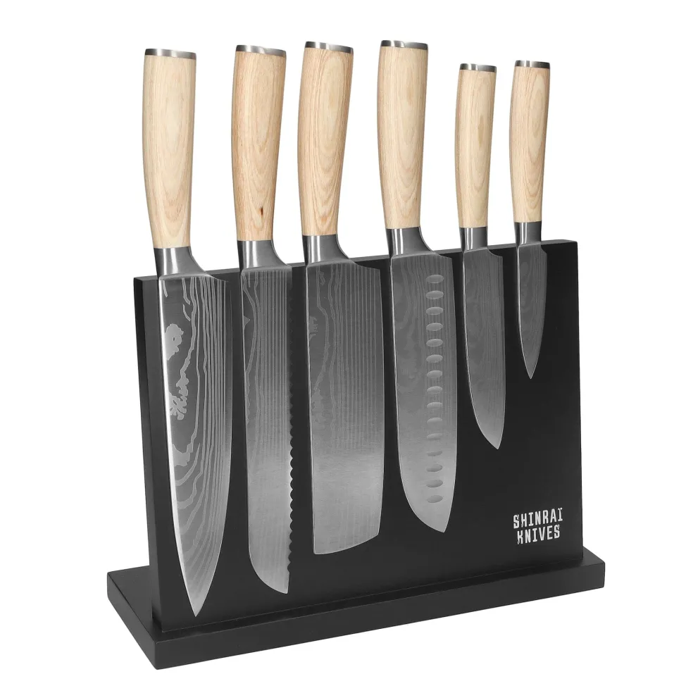 Shinrai Knives - Akari Damascus Print 6-delige Messenset + Magnetisch Messenblok Enkelzijdig - Zwart
