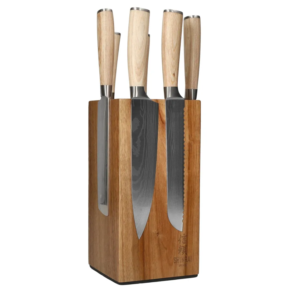 Shinrai Knives - Akari Damascus Print 6-delige Messenset + Messenblok Robur