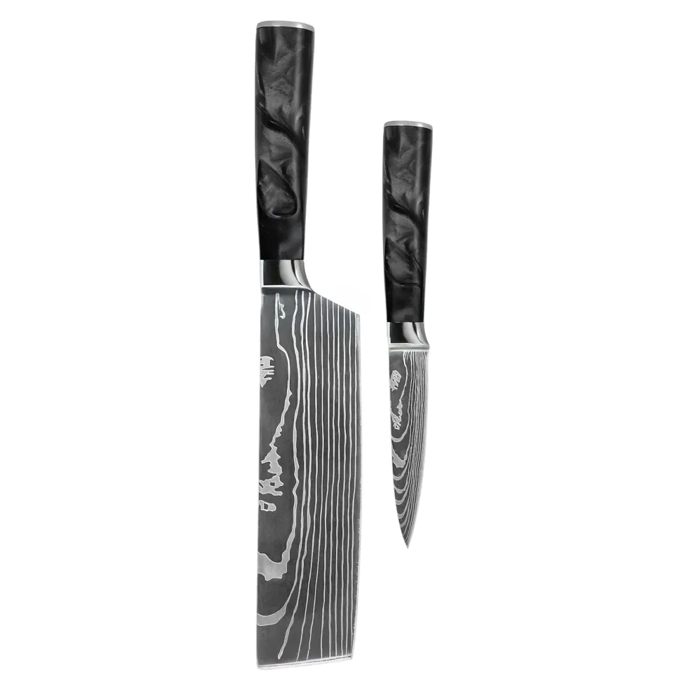 Shinrai Knives - Damascus Print Epoxy Onyx 2-delige Messenset - Nakiri + Schilmes