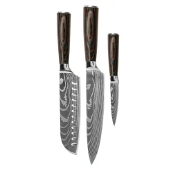 Shinrai Knives - Damascus Print 3-delige Messenset - Koksmes + Santoku + Schilmes