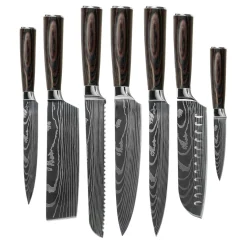 Shinrai Knives - Damascus Print 7-delige Messenset + Messenblok Stans