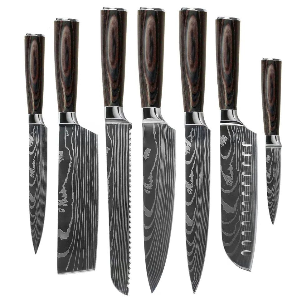 Shinrai Knives - Damascus Print 7-delige Messenset + Messenblok Stans