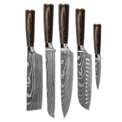 Shinrai Knives - Damascus Print 5-delige Messenset - Koksmes + Broodmes + Nakiri + Santoku + Schilmes