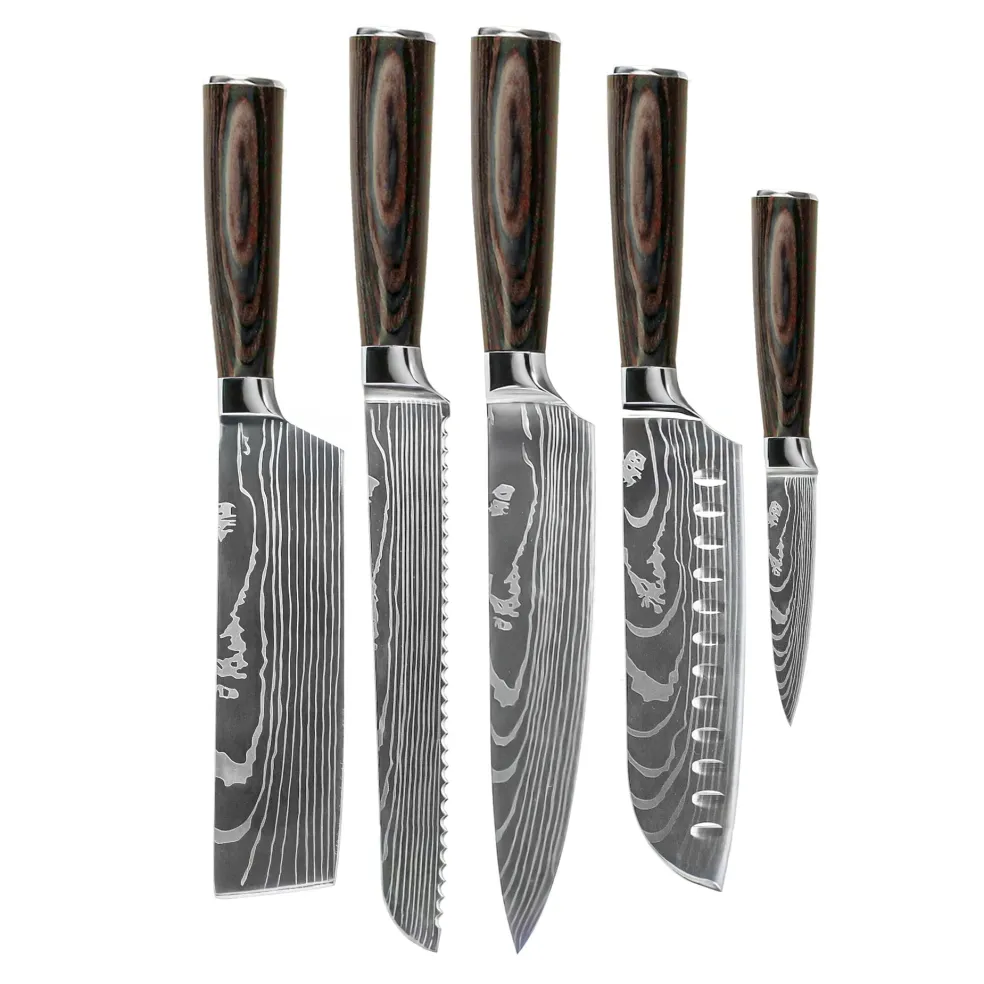 Shinrai Knives - Damascus Print 5-delige Messenset - Koksmes + Broodmes + Nakiri + Santoku + Schilmes