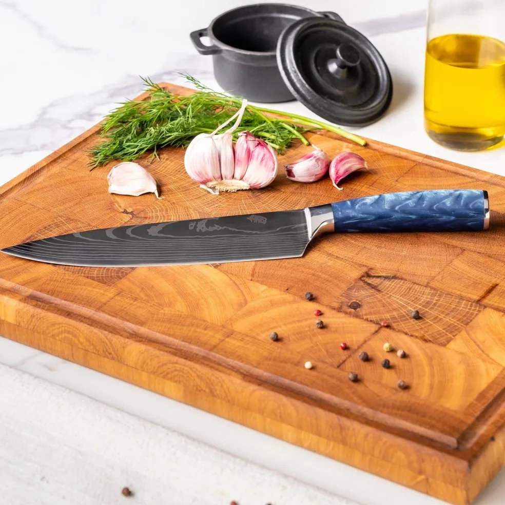 Shinrai Knives - Damascus Print Epoxy Sapphire 3-delige Messenset - Koksmes + Santoku + Schilmes