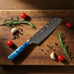 Shinrai Knives - Damascus Print Epoxy Sapphire 3-delige Messenset - Koksmes + Santoku + Schilmes