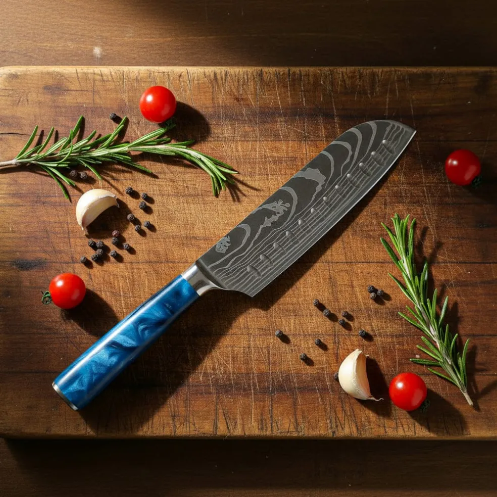 Shinrai Knives - Damascus Print Epoxy Sapphire 3-delige Messenset - Koksmes + Santoku + Schilmes