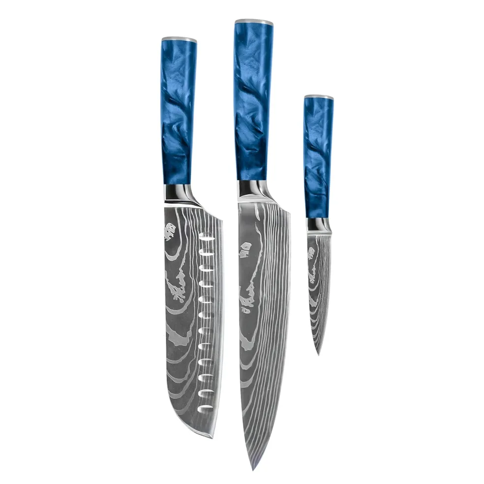 Shinrai Knives - Damascus Print Epoxy Sapphire 3-delige Messenset - Koksmes + Santoku + Schilmes