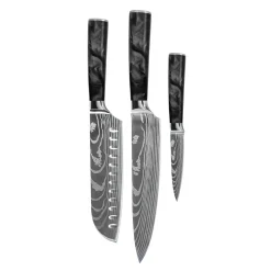 Shinrai Knives - Damascus Print Epoxy Onyx 3-delige Messenset - Koksmes + Santoku + Schilmes
